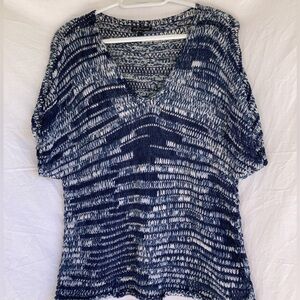 Eileen Fisher szL navy/white knit ss v neck sweater